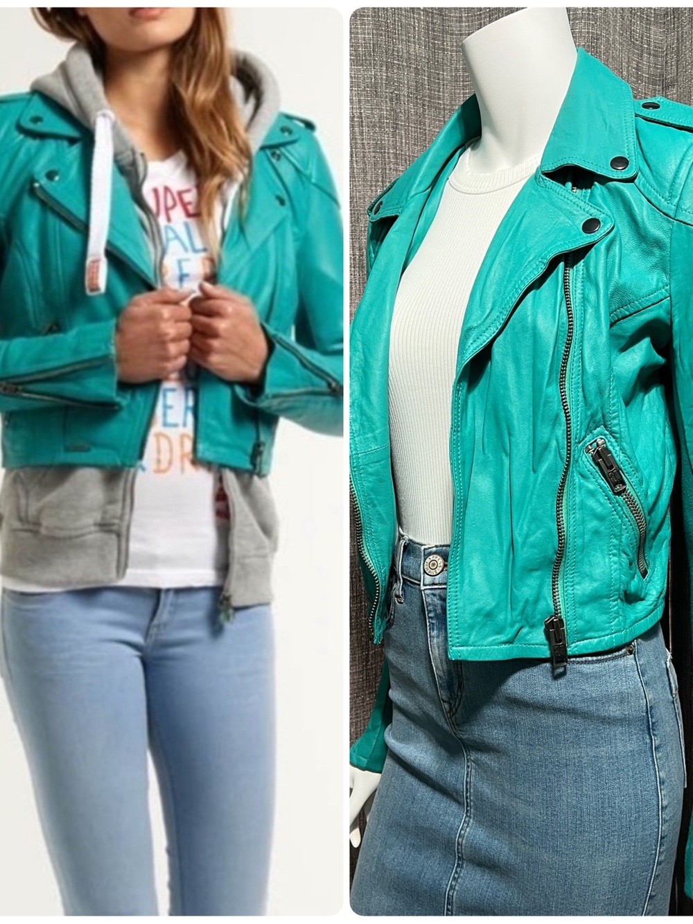 Superdry Womens Turquoise Lambskin Leather  Cropped Leather Moto Jacket S NWT